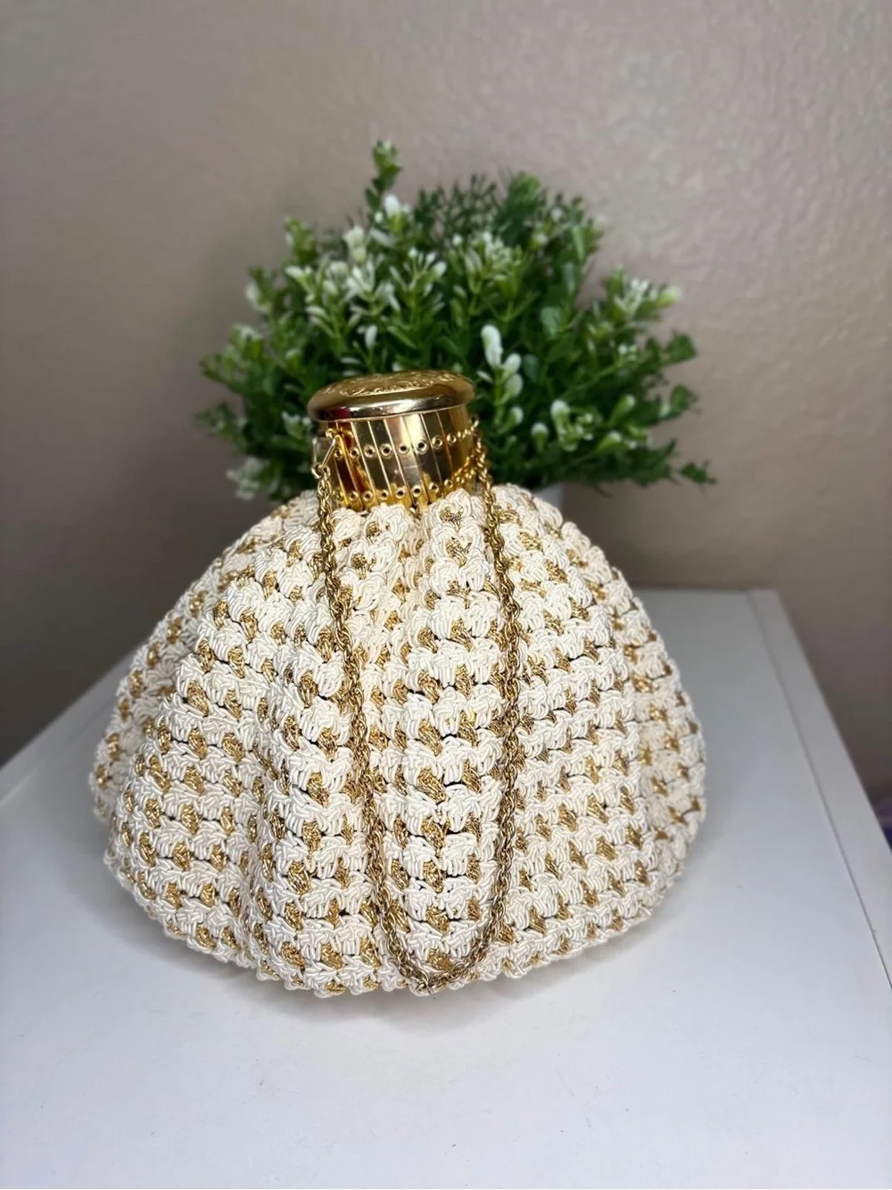 Vintage Made in Germany Gold White Cord Cage Top Handle Evening Bag